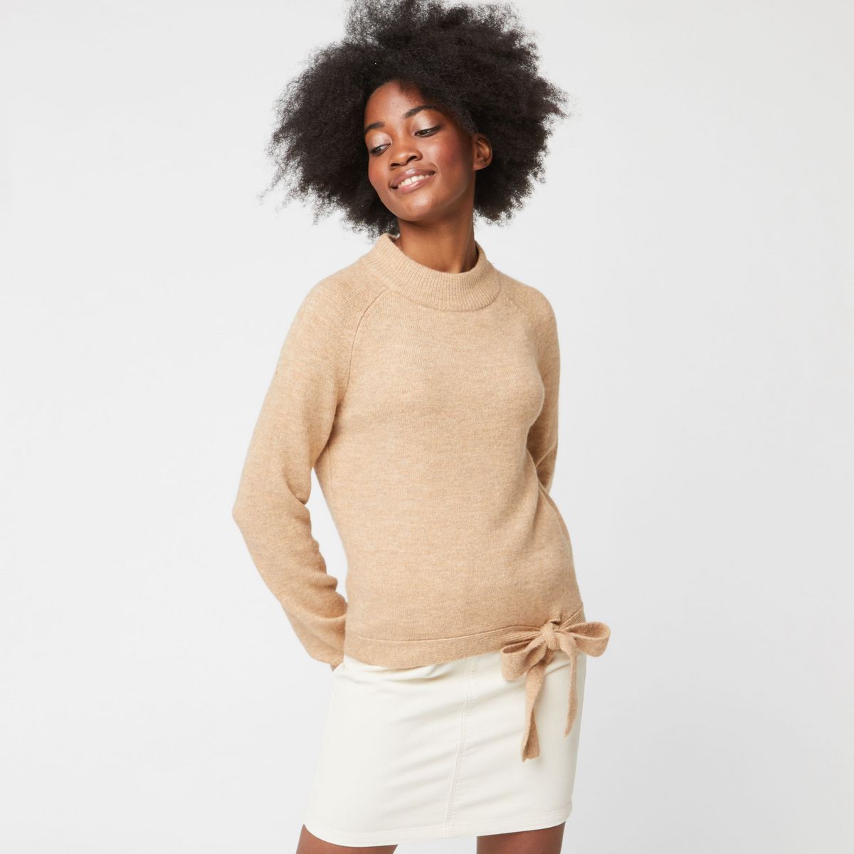 INEXTENSO Pull noué col montant beige femme
