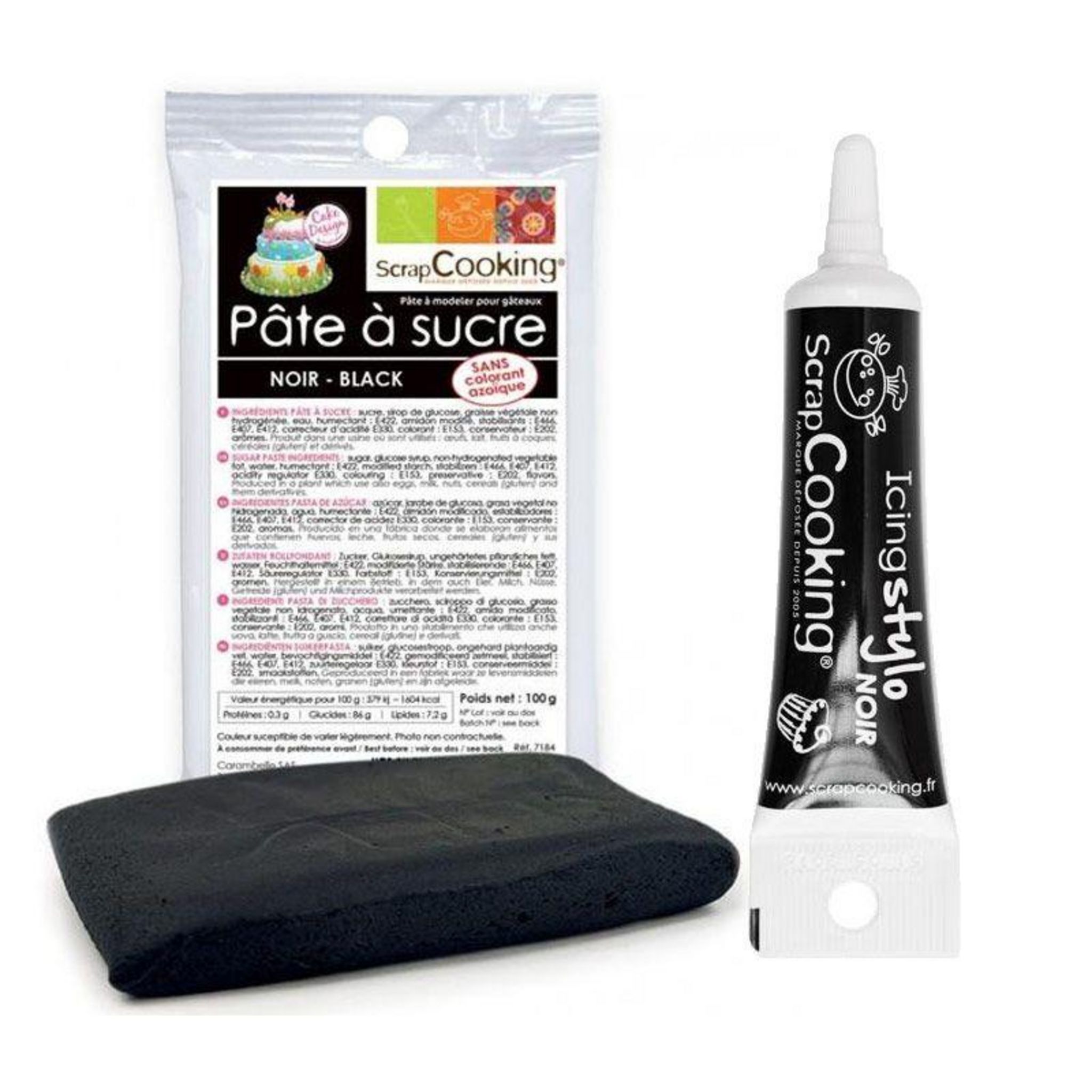 Pâte à sucre marron 100 g + Stylo de glaçage noir Scrapcooking 