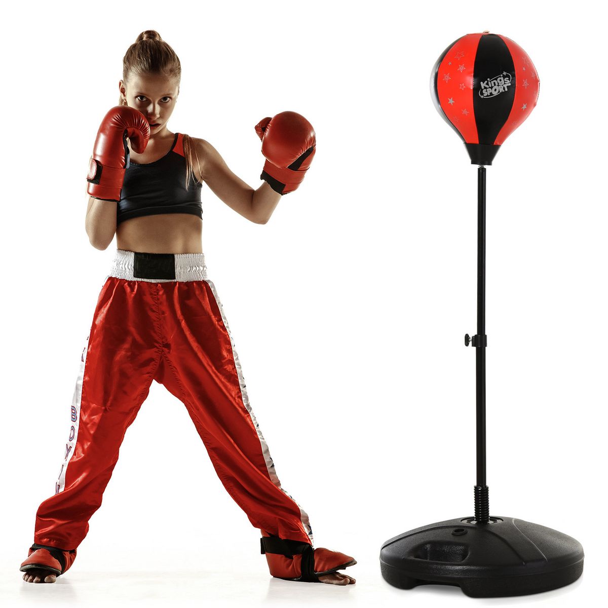 HOMCOM Punching ball sur pied pour enfant hauteur réglable 90-120 cm base  de lestage paire gants et pompe inclus rouge noir pas cher 