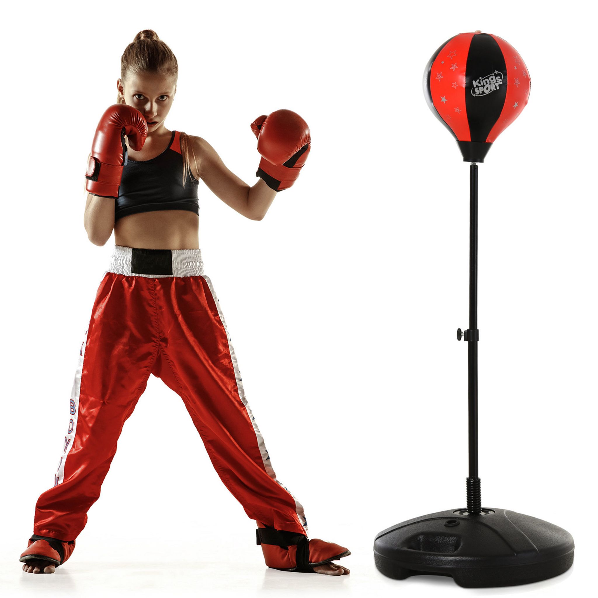 HOMCOM Punching ball sur pied pour enfant hauteur réglable 78-120 cm base de  lestage paire gants inclus rouge noir pas cher 