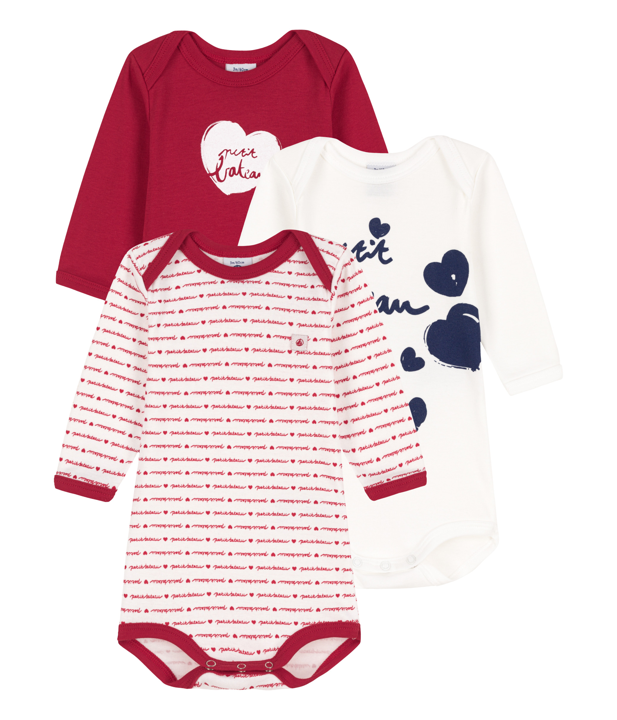 PETIT BATEAU Lot de 3 bodies manches longues coeurs bébé pas cher 