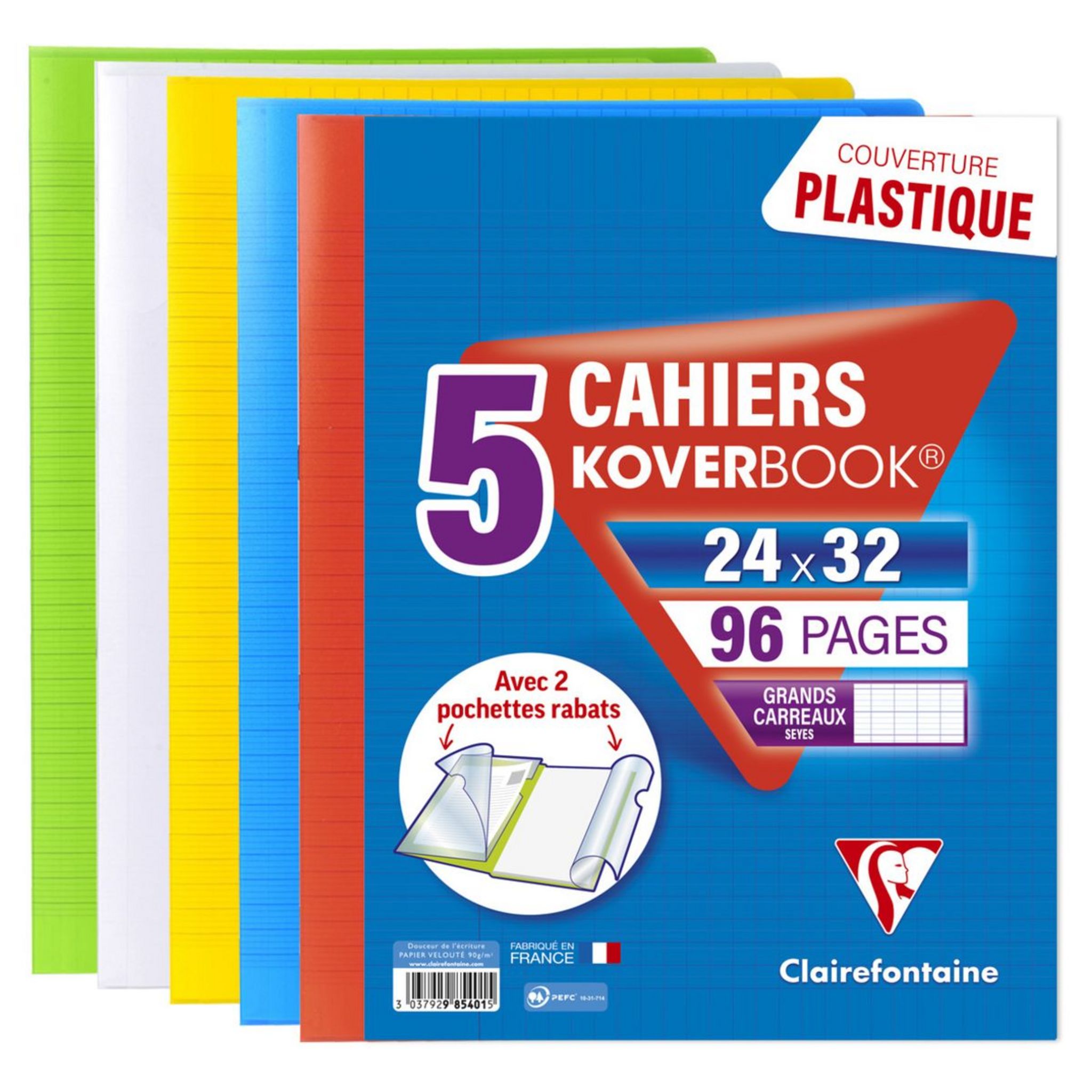 Lot de 5 cahiers - 24x32(cm) - Grands carreaux - 96 pages - couverture en  polypro - sans spirale - Clairefontaine - Koverbook