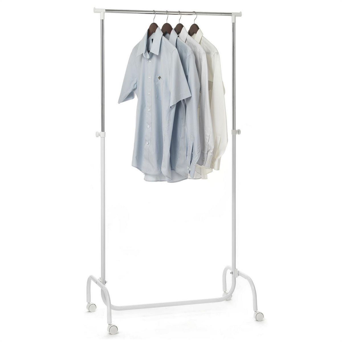 IDIMEX Portant à vêtements TIGER penderie simple sur roulettes vestiaire mobile avec 1 barre de hauteur réglable, en métal chromé et blanc