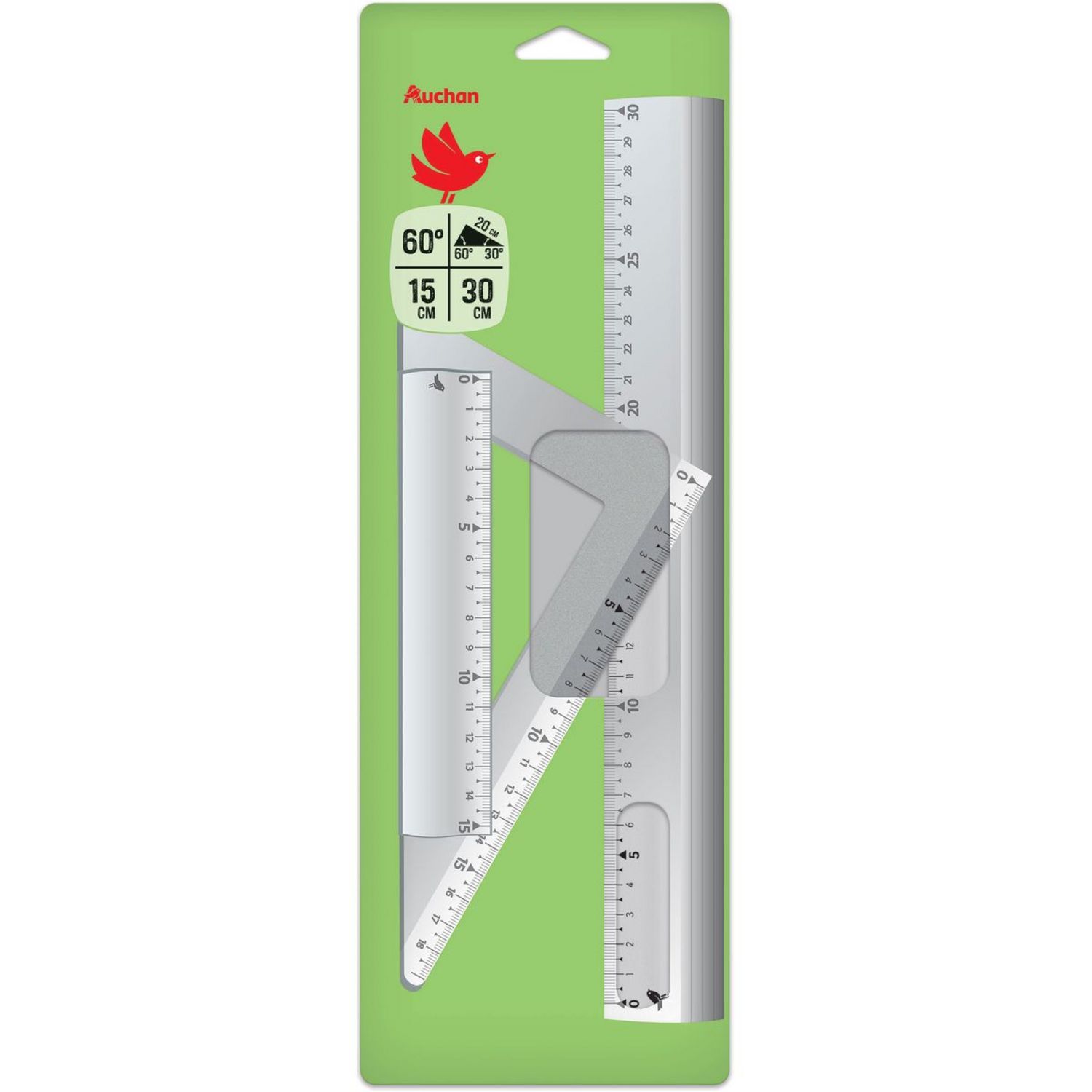 AUCHAN Kit de traçage 4 pièces régle + équerre + triangle + rapporteur  incassable Bleu pas cher 