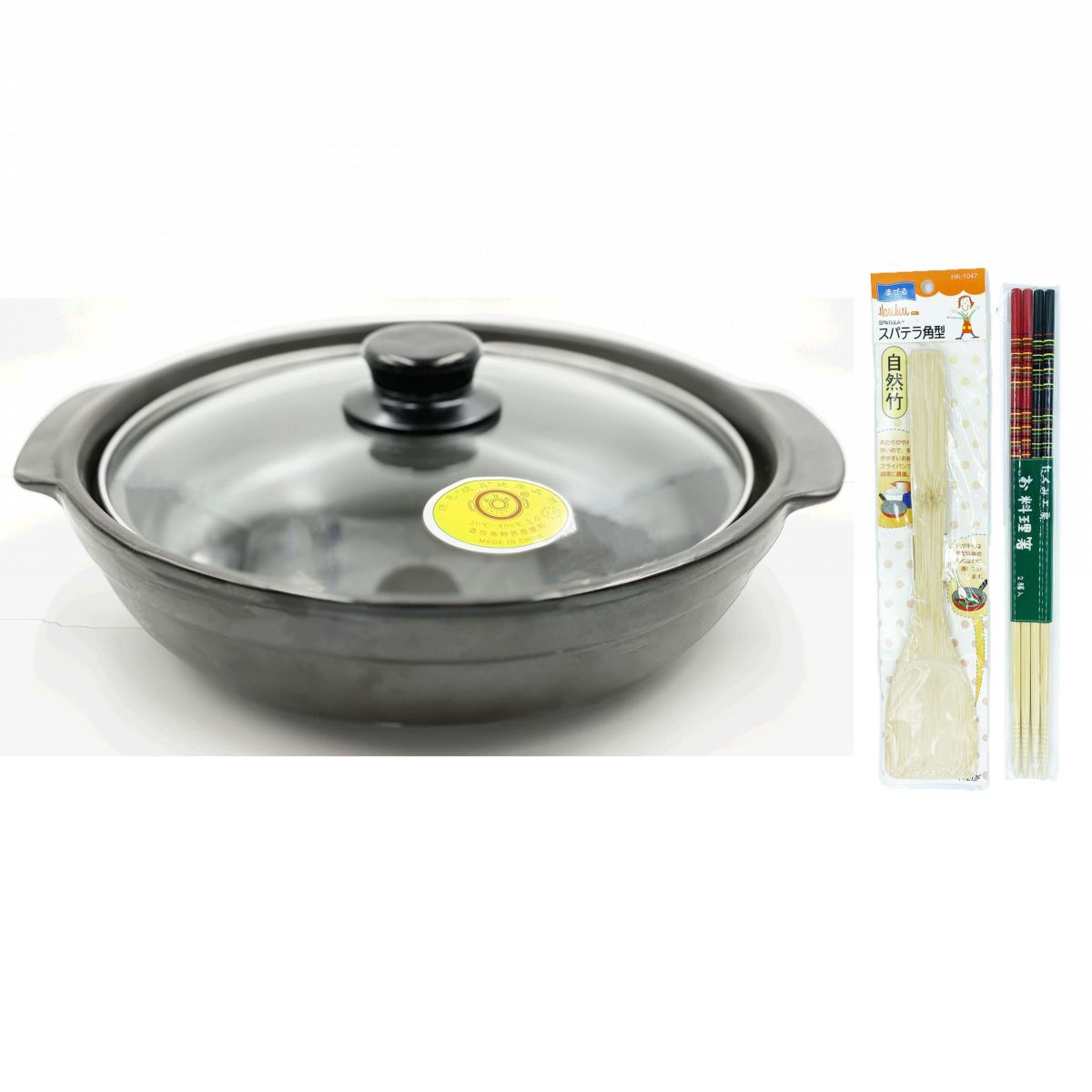 Bo Time Marmite / Pot en fer diamètre 23CM avec couvercle - Ultra résistante aux hautes températures (-20° à 400°C)  - Lot avec baguettes et spatule en bambou - Gris