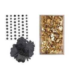 Perles autocollantes & fleurs papier noires + 150 punaises dorées