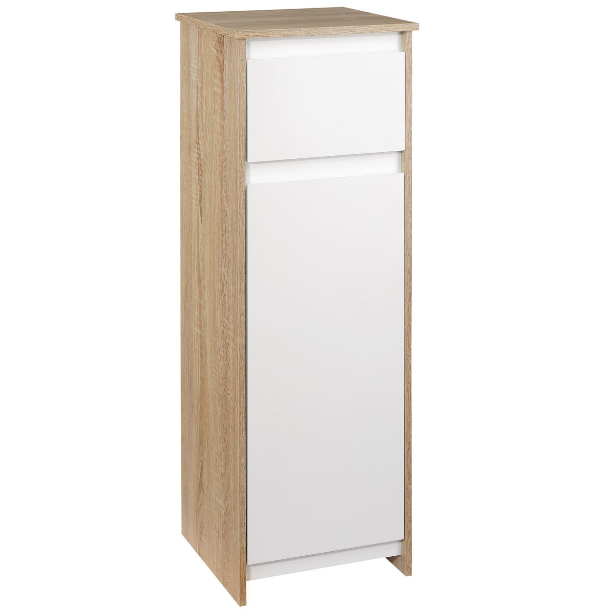 KLEANKIN Meuble colonne rangement salle de bain style cosy 3 niches tiroir  placard avec étagère blanc aspect chêne clair pas cher 