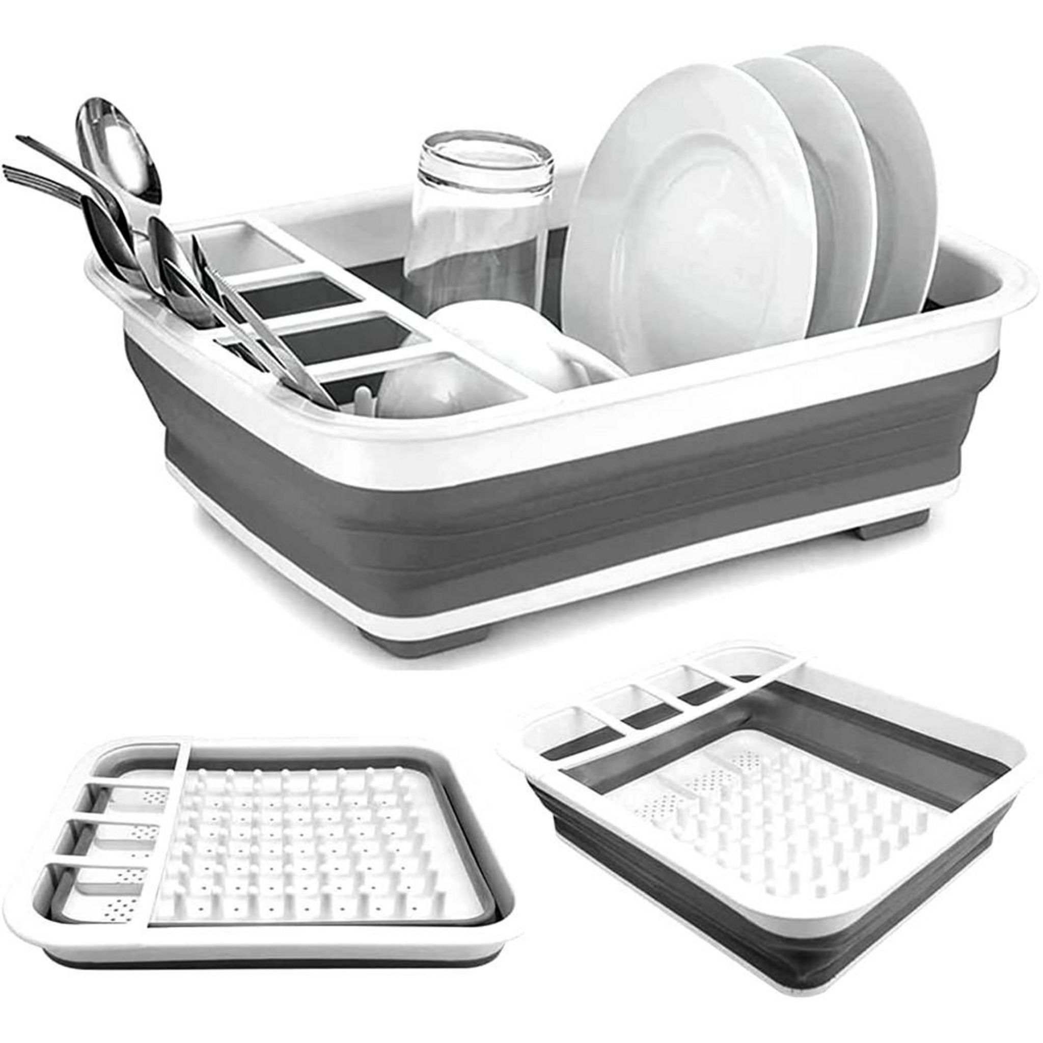 Relaxdays Égouttoir pliable, vaisselle porte-couverts pliant, évier  cuisine, camping plastique silicone, blanc gris
