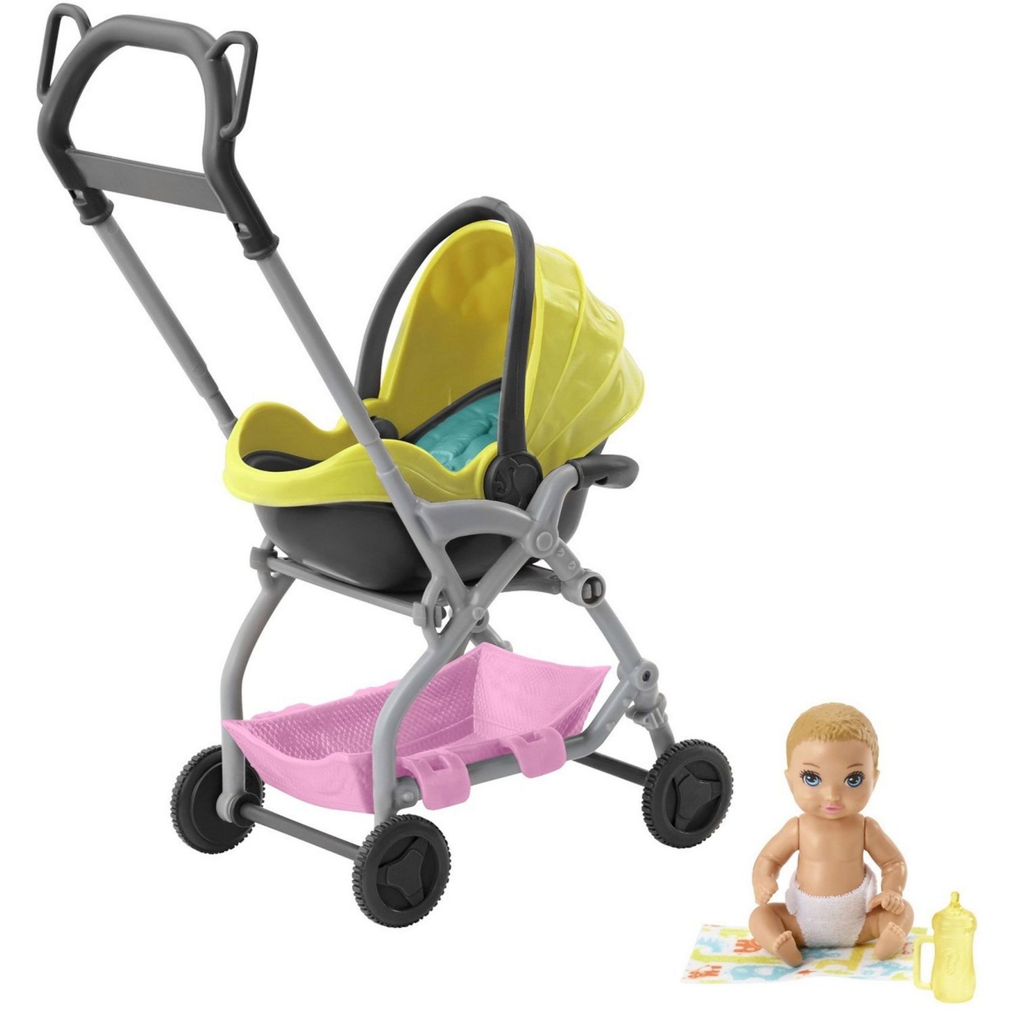 BARBIE Accessoires Babysitter poussette jaune + bébé - Barbie pas