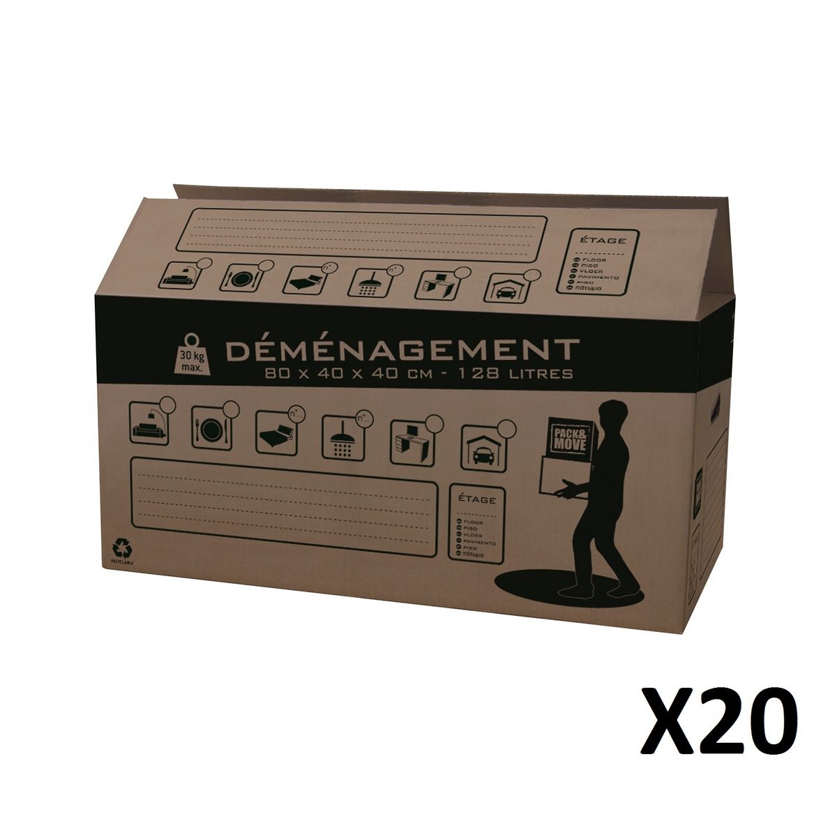 Lot de 10 cartons de déménagement XXL 240L - 80x60x50cm - Made in France -  Charge max 20KG