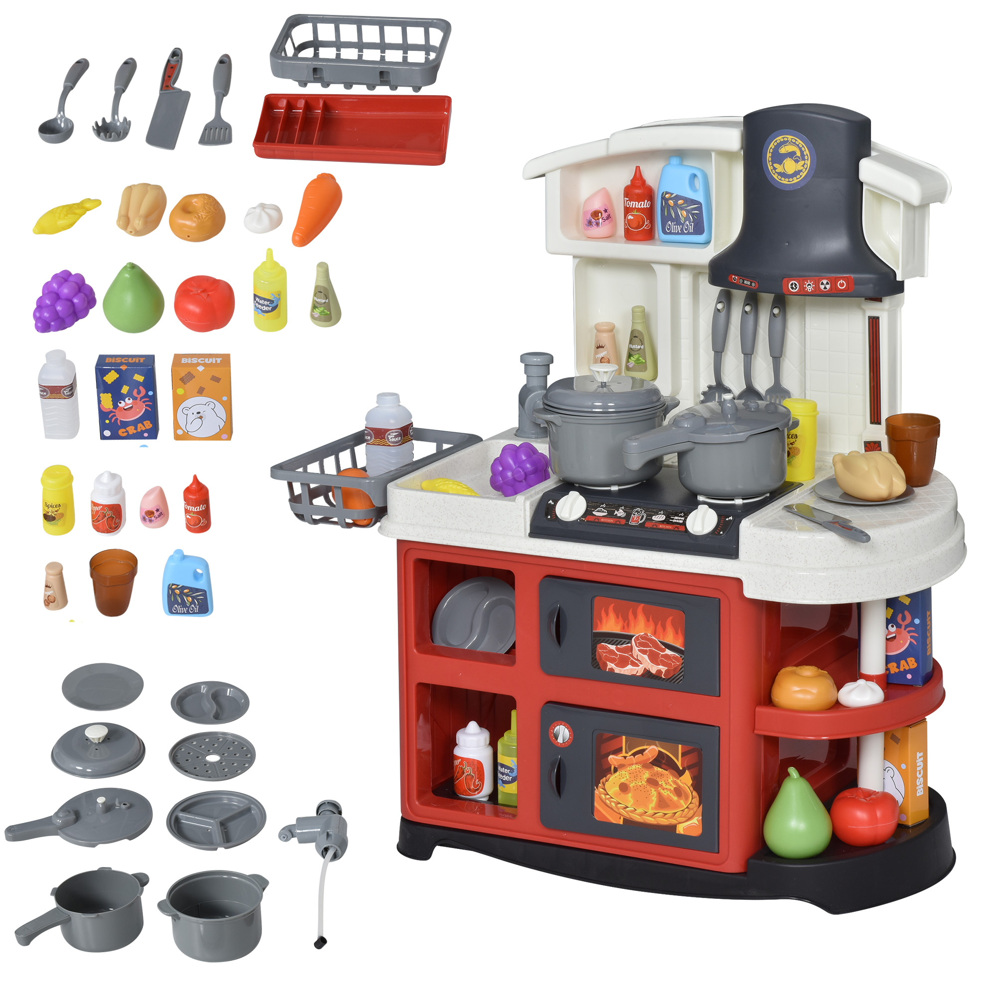 HOMCOM Cuisine pour enfant - dinette - jeu d'imitation complet 58  accessoires variés - fonctions sonores, simulation écoulement eau - PP PE  marron pas cher 