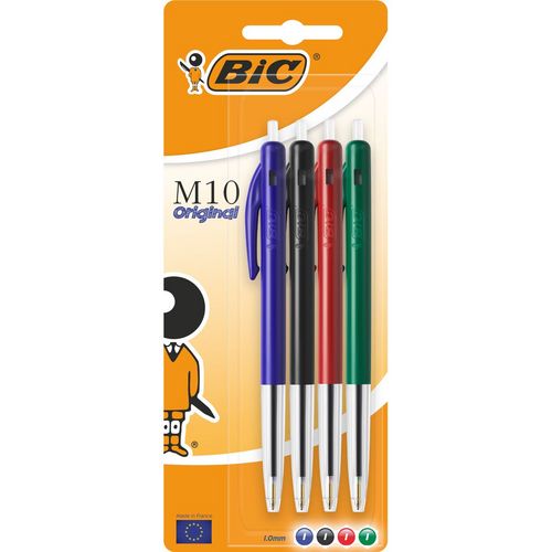 Lot de 4 stylos bille rétractable pointe moyenne bleu/noir/rouge/vert M10 ORIGINAL