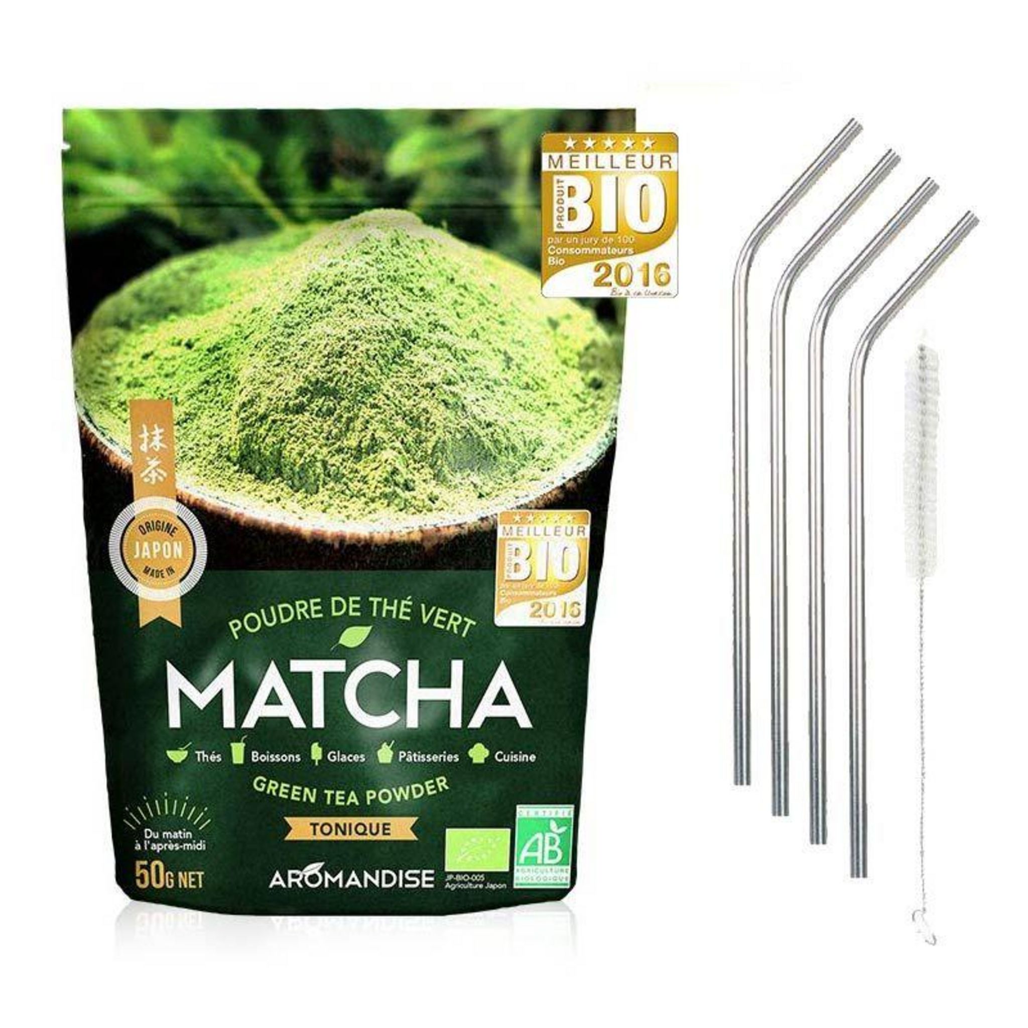 Youdoit Thé vert bio Matcha en poudre 50 g + 4 pailles en inox pas cher 