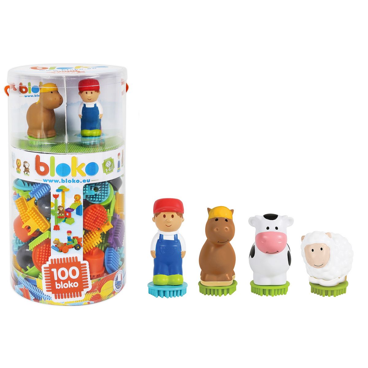 Bloko Bloko - Tube de 100 bloko + 4 figurines 3D de la ferme pas cher 