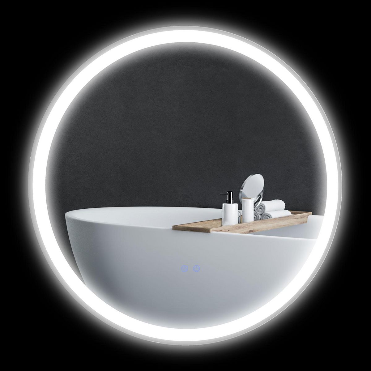 KLEANKIN Miroir rond lumineux LED de salle de bain Ø 80 cm mural avec éclairage 3 couleurs interrupteur tactile système antibuée 46W blanc argent
