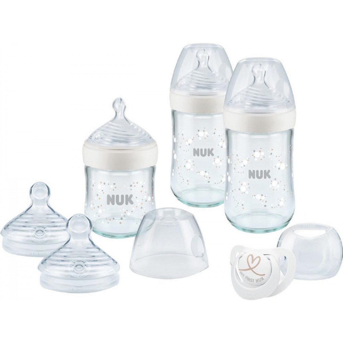 NUK First Choice+ set de biberons nouveau-né | 0-6 mois | 2 biberons, 2  tétines et un anneau de dentition | anti-colique | Sans BPA | blanc (cœur)  | 5