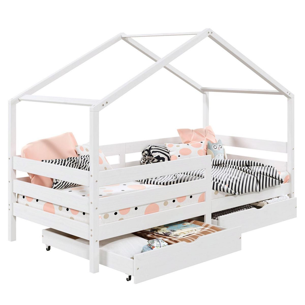 IDIMEX Lit cabane ENA lit enfant simple 90 x 200 cm, avec 2 tiroirs de rangement, en pin massif lasuré blanc