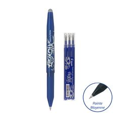 PILOT Lot 1 stylo effaçable pointe moyenne bleu FriXion Ball + 3 recharges effaçables bleu