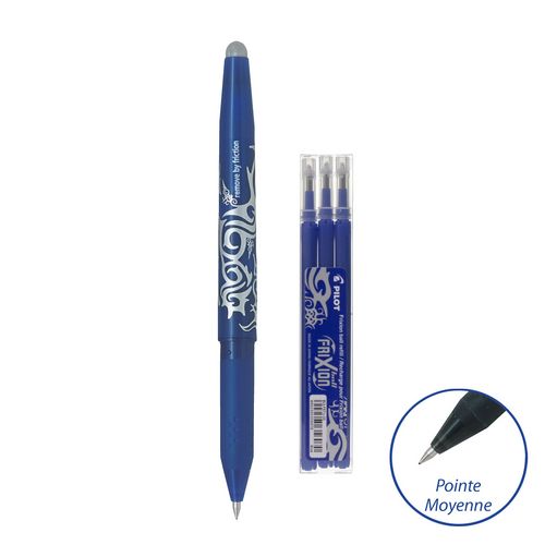 Lot 1 stylo roller effaçable pointe moyenne bleu FriXion Ball + 3 recharges effaçables bleu