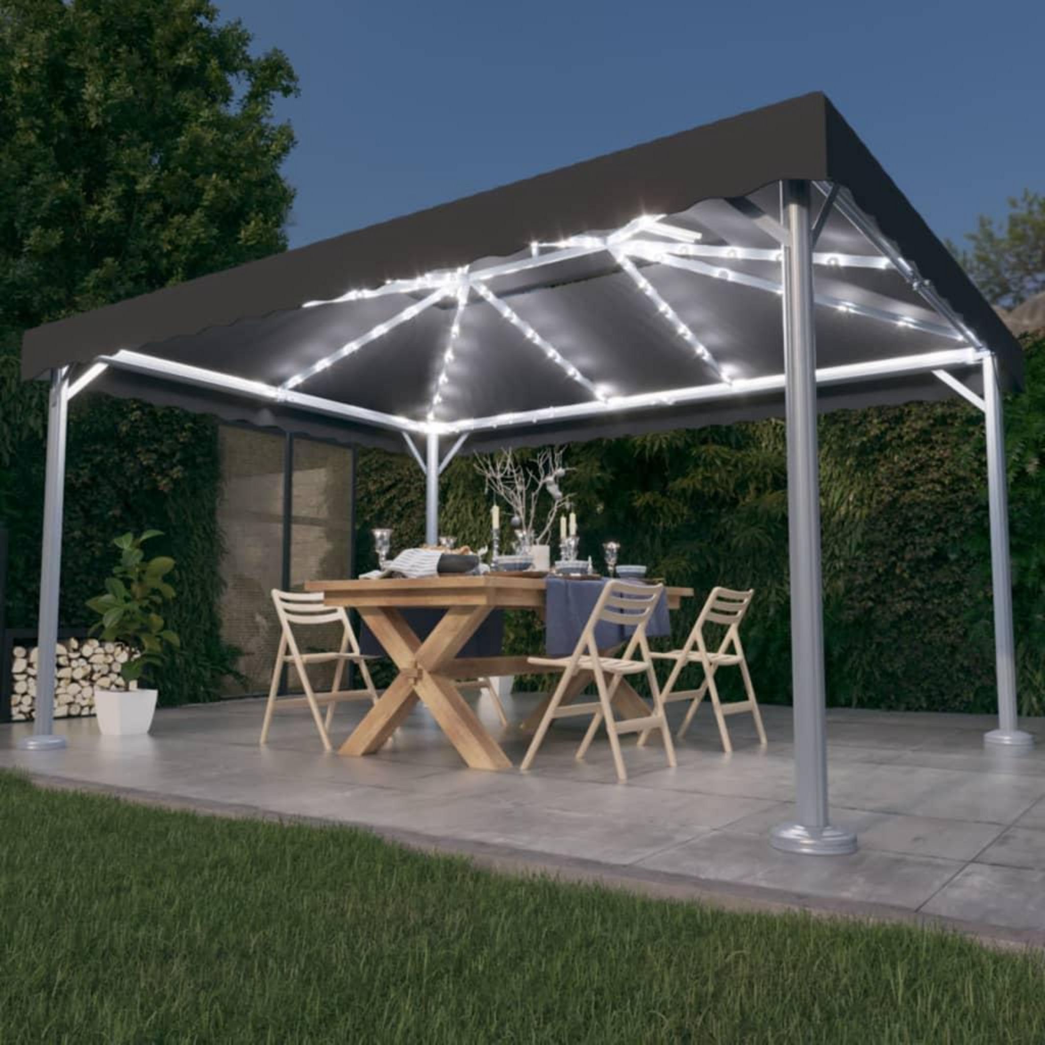 Tonnelle avec rideau et guirlande lumineuse LED 4x3m Anthracite