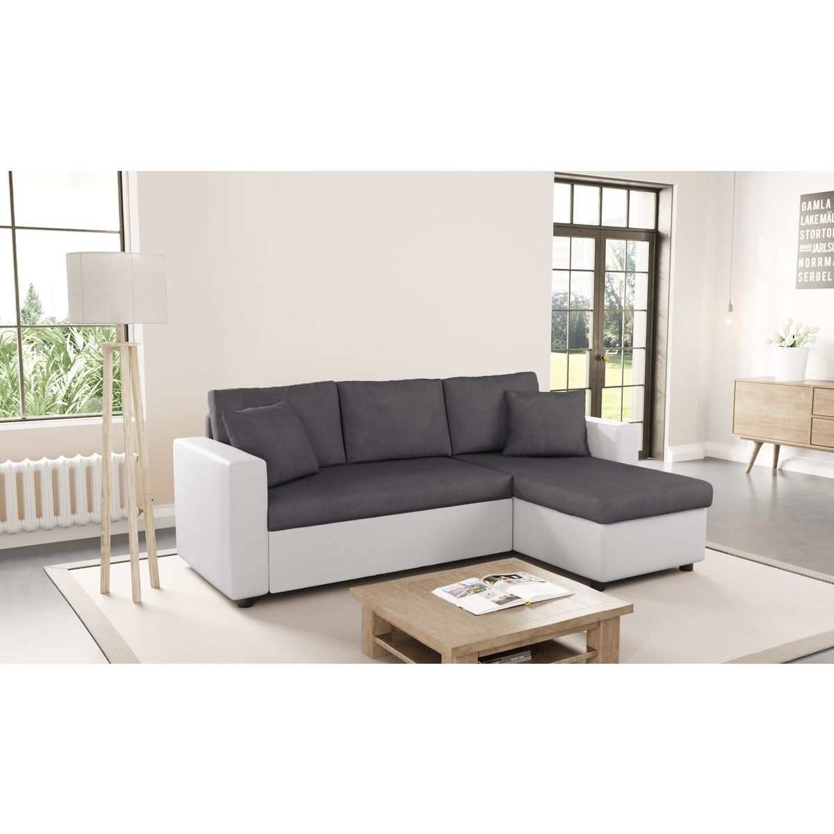  Canapé d'angle 3 places réversible et convertible MATHILDE coloris Gris / Blanc