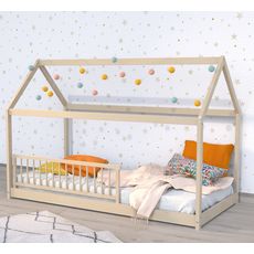 Lit cabane enfant en bois massif 90 x 190 cm avec sommier + barrière de lit LOUIS (Brut)