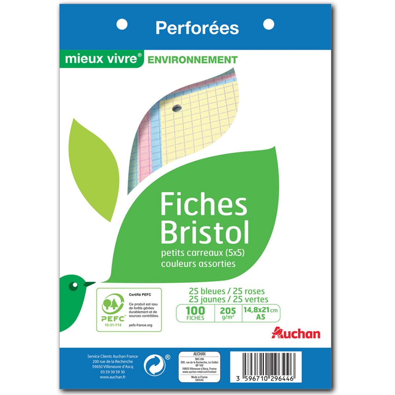 OXFORD Bloc de 30 fiches Bristol perforées blanches, format A5, petits  carreaux, papier certifié PEFC 