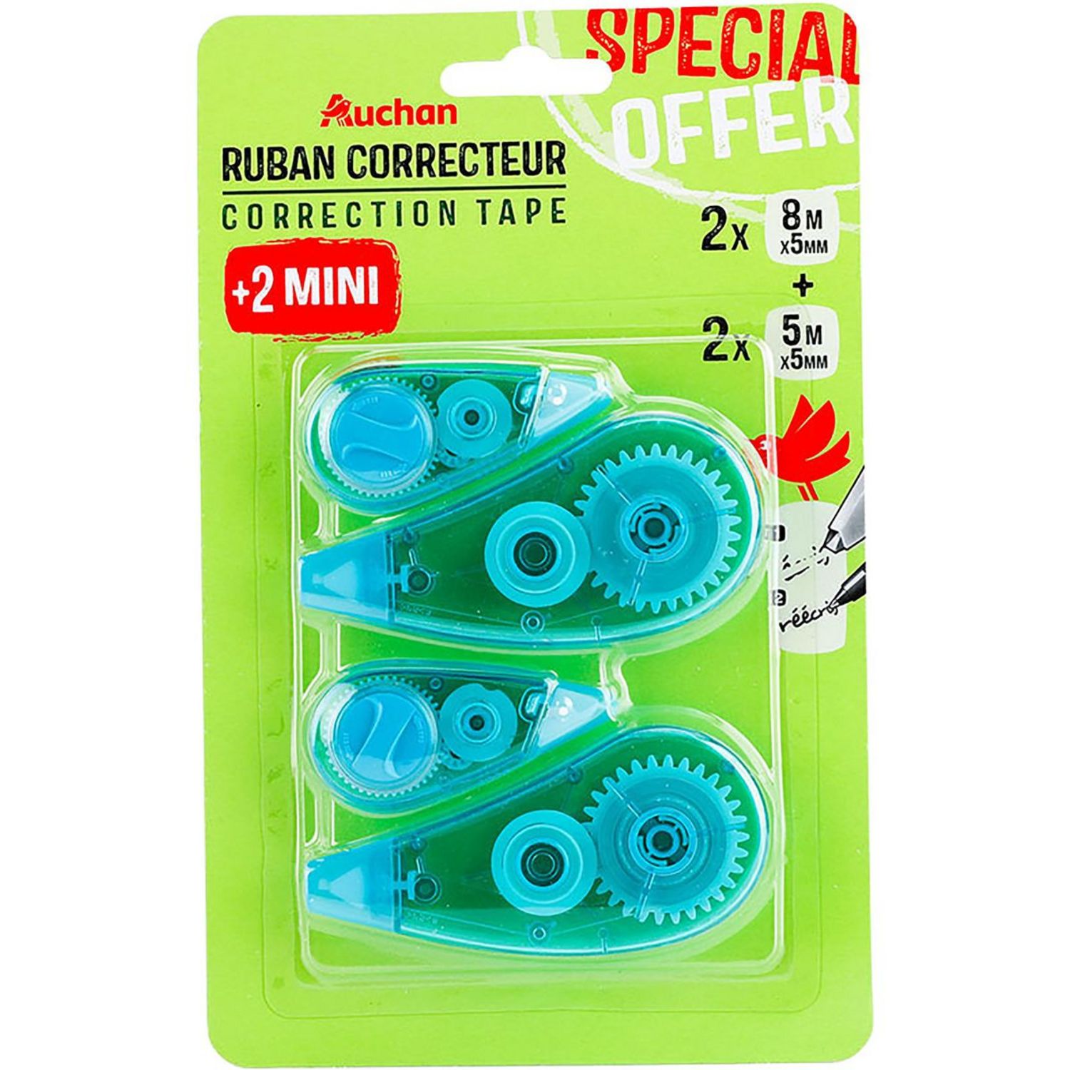 AUCHAN Lot de 2 souris correctrices 5m + 2 souris correctrices 8m bleu pas  cher 