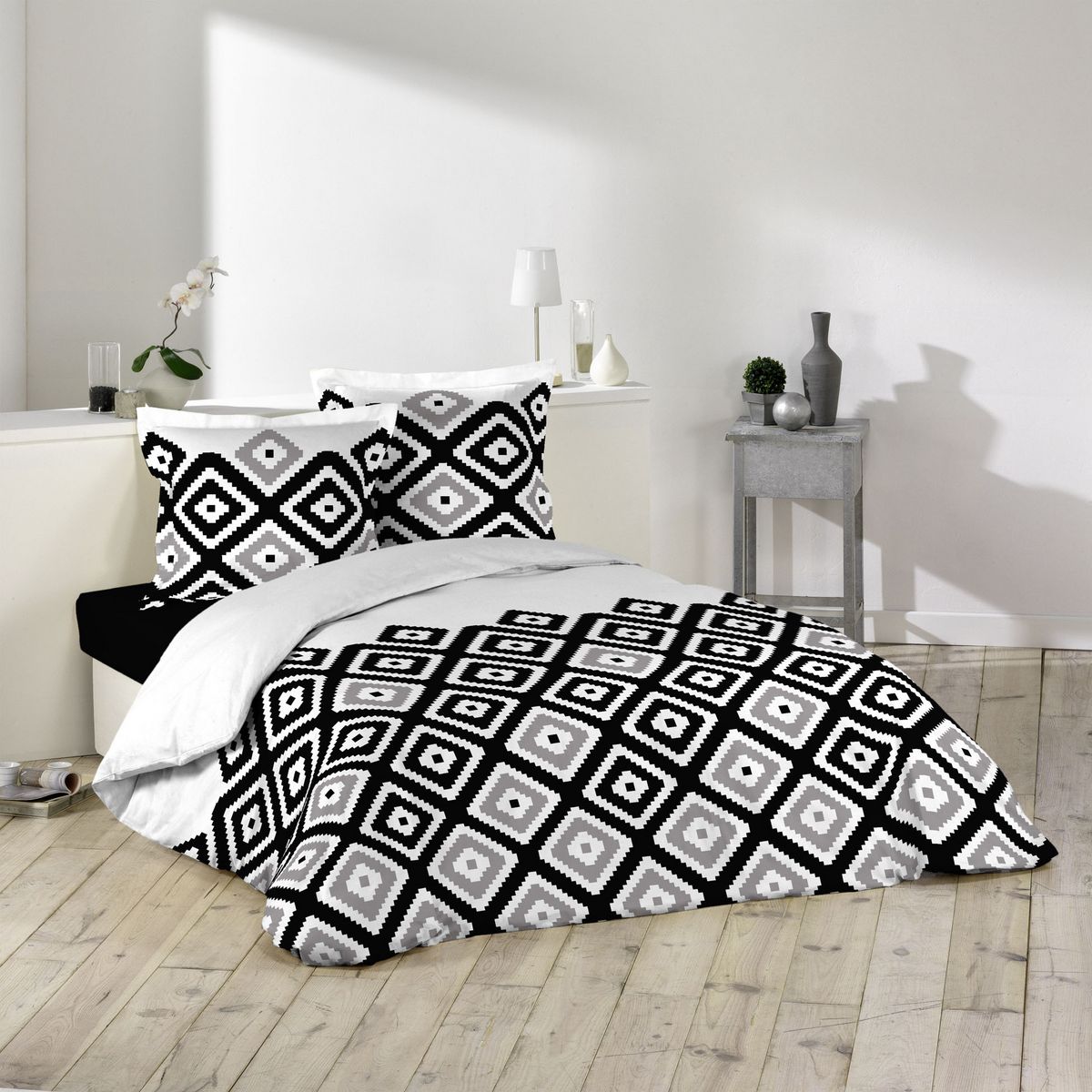 Parure housse couette noir et blanc g om trique pas cher Auchan.fr