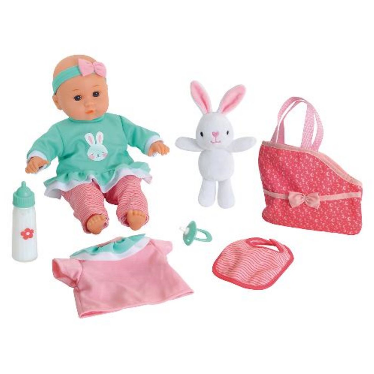 One Two Fun Mon kit premium bébé tout doux avec poupon 35 cm et sa peluche lapin + accessoires