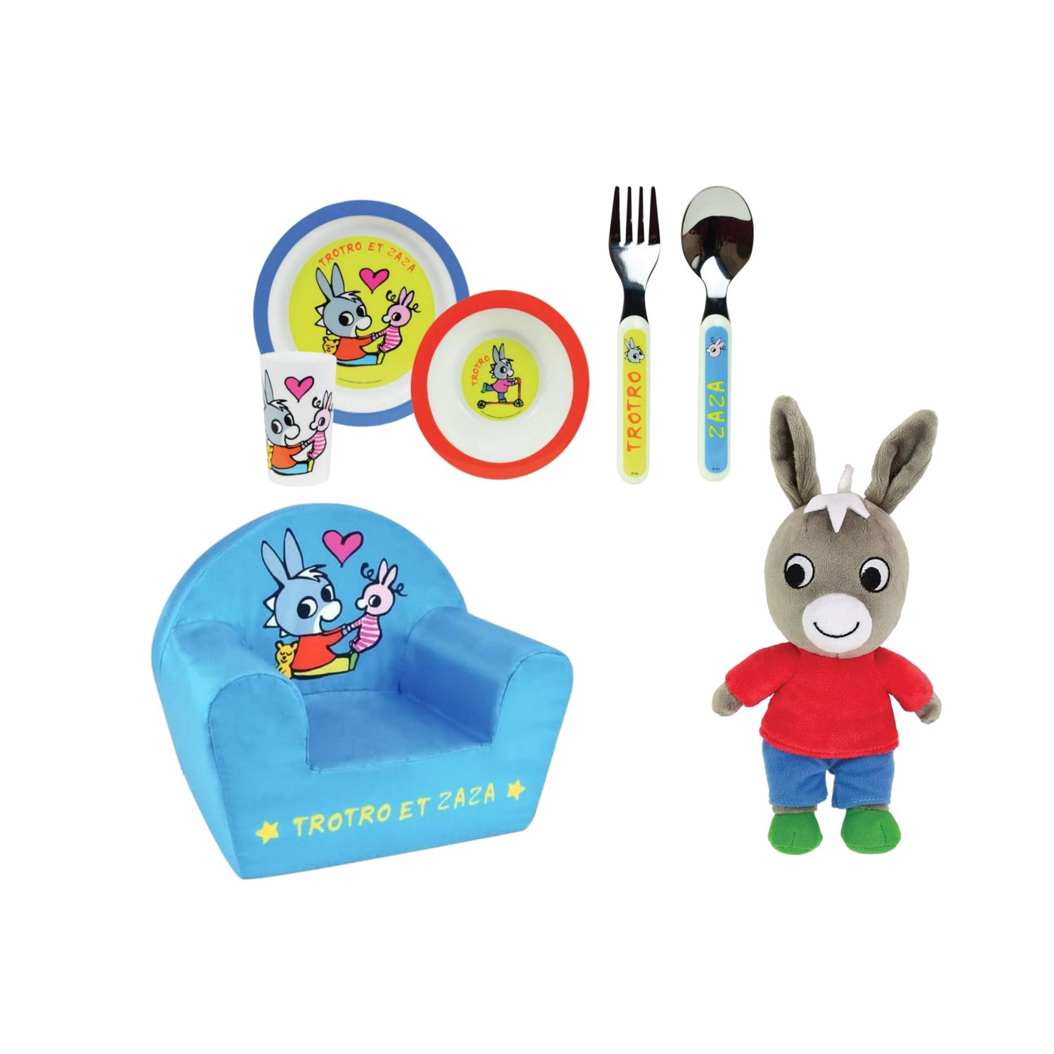 Fun House COFFRET TROTRO (Assiette, Bol, Verre, Couverts, Peluche 27cm,  Fauteuil club) pas cher 