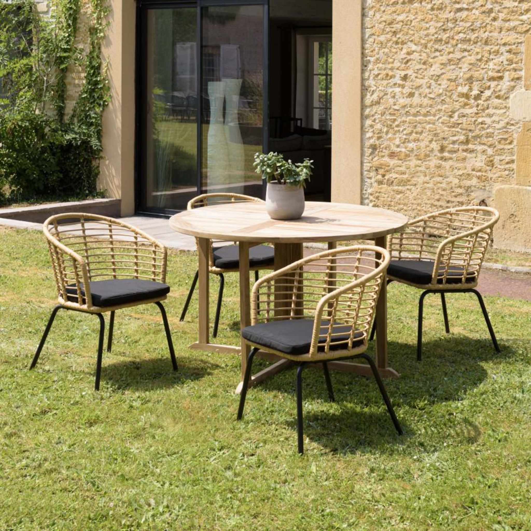 Salon de jardin 1 table teck 180x100 cm - 6 fauteuils cordage noir