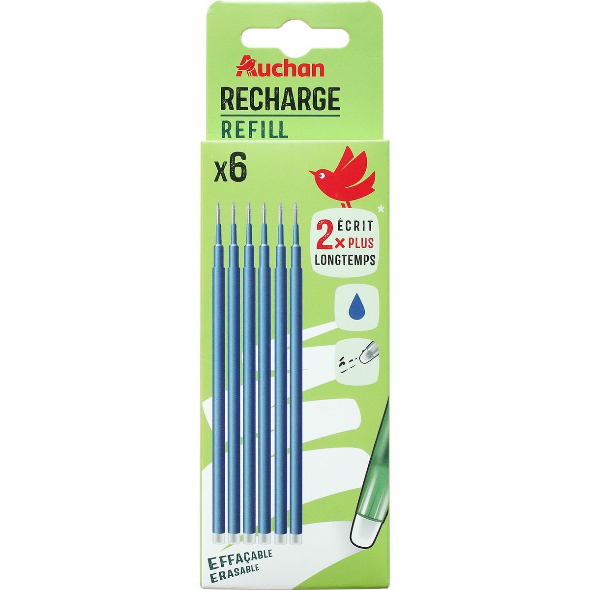 AUCHAN Lot de 6 recharges encre effaçable bleue pas cher 