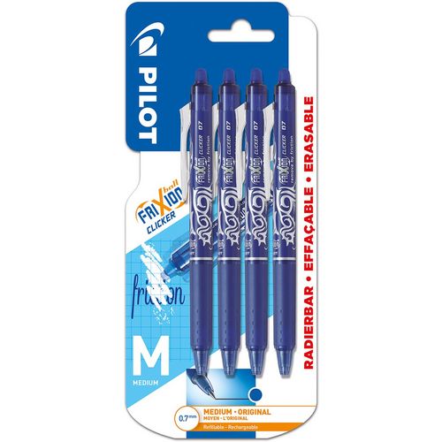 Lot de 4 stylos roller effaçables pointe moyenne FRIXION CLICKER bleu