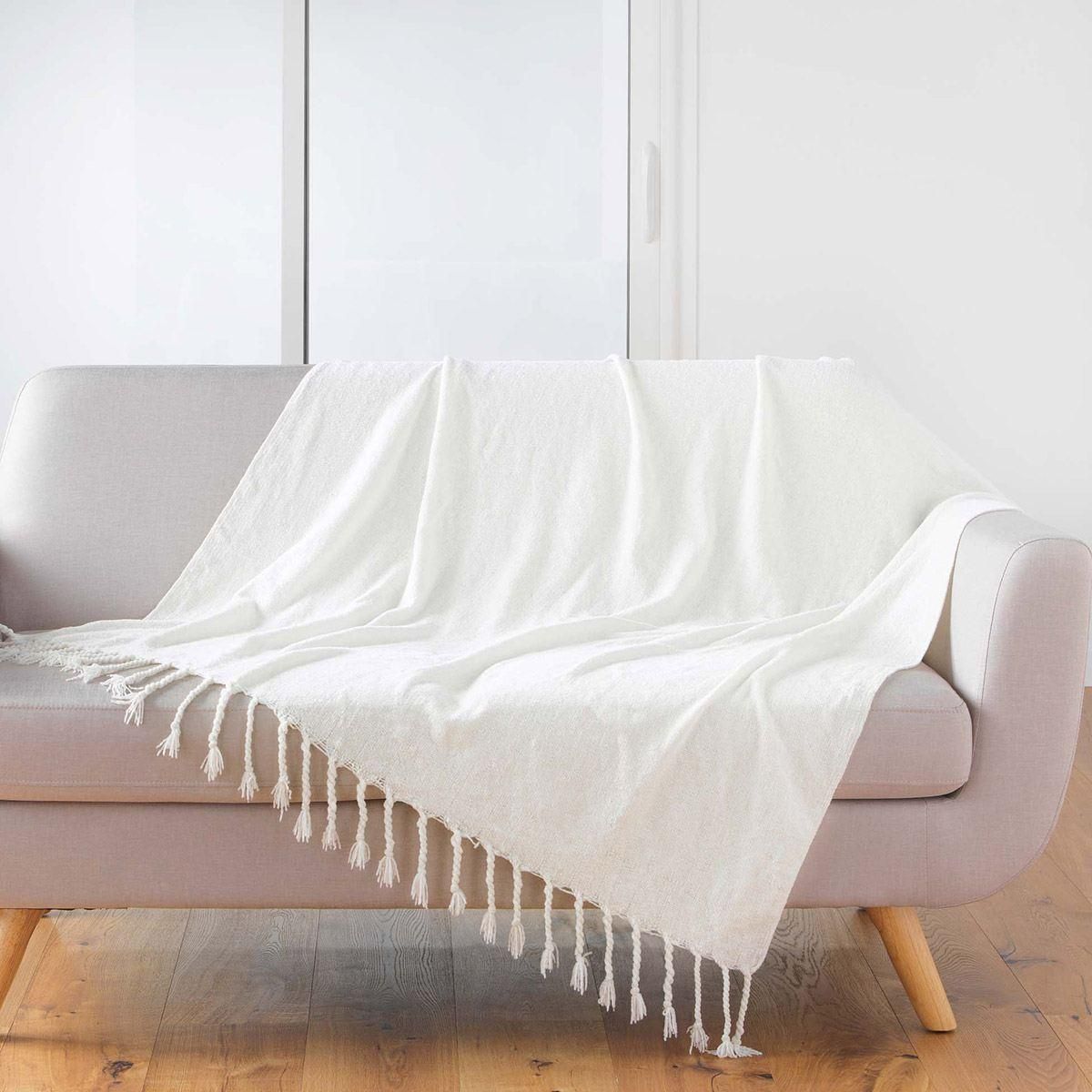 Douceur d'Intérieur Plaid à franges 125x150 cm chenille unie Melissa blanc