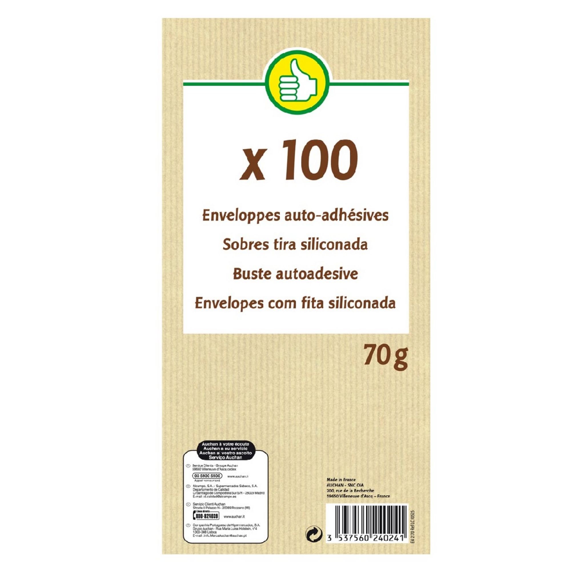 AUCHAN Enveloppes papier kraft 162x22mm auto adhésive x25 25 pièces pas  cher 