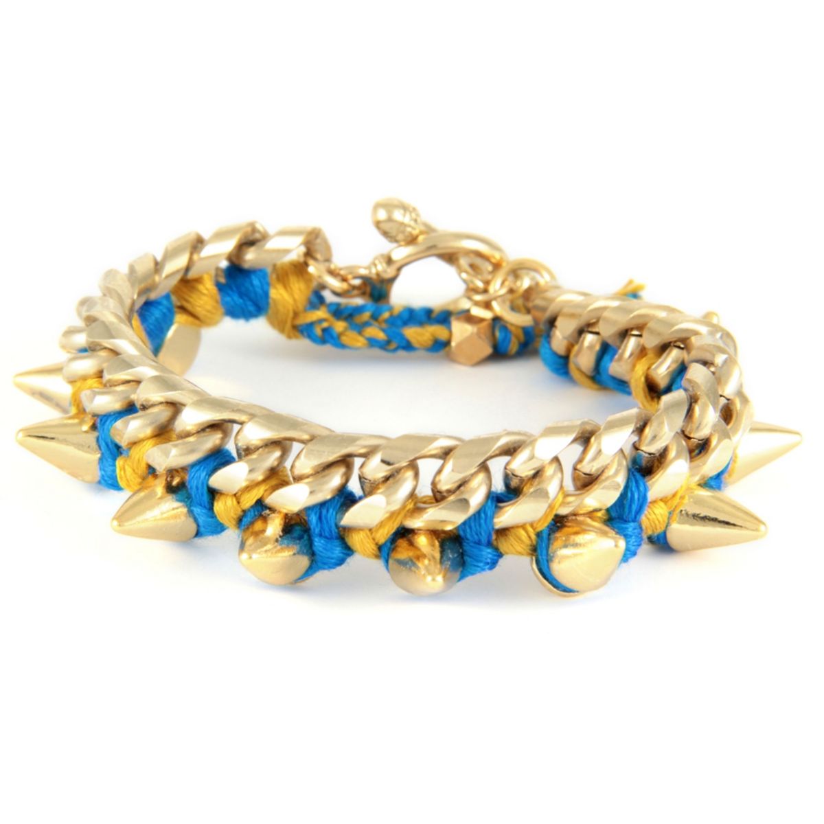 BLUE PEARLS Ettika - Bracelet Spikes en Or Jaune et Coton Rubans Tressés Bleus - ETK 0101 Bleu