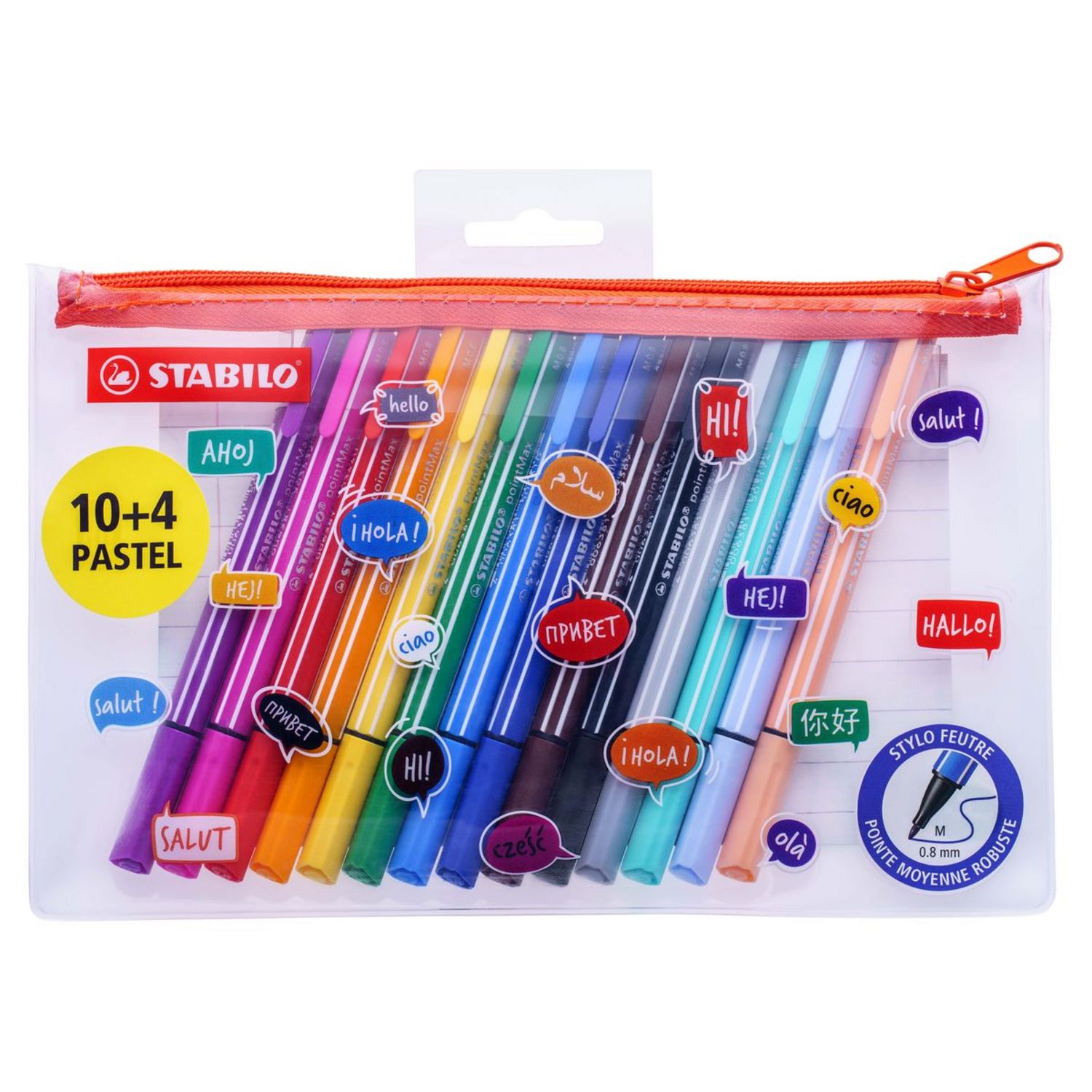 STABILO Lot de 10+4 stylos feutres pointe moyenne robuste Pointmax coloris  assortis + trousse pas cher 