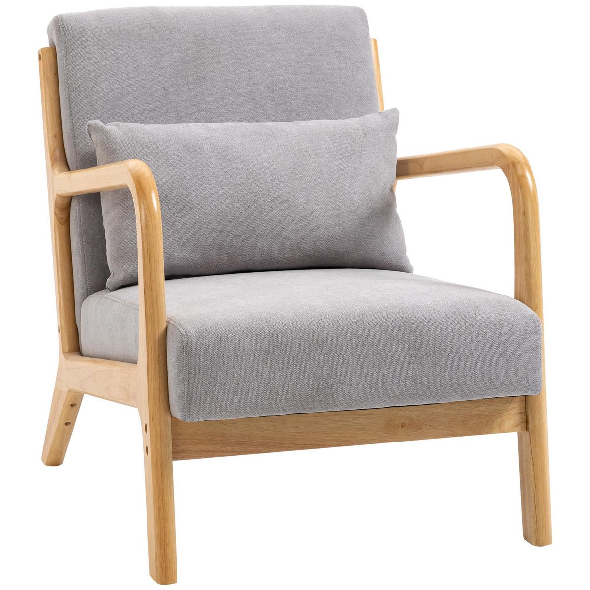 HOMCOM Fauteuil lounge - 3 coussins inclus - assise profonde - accoudoirs - structure bois hévéa - aspect velours gris