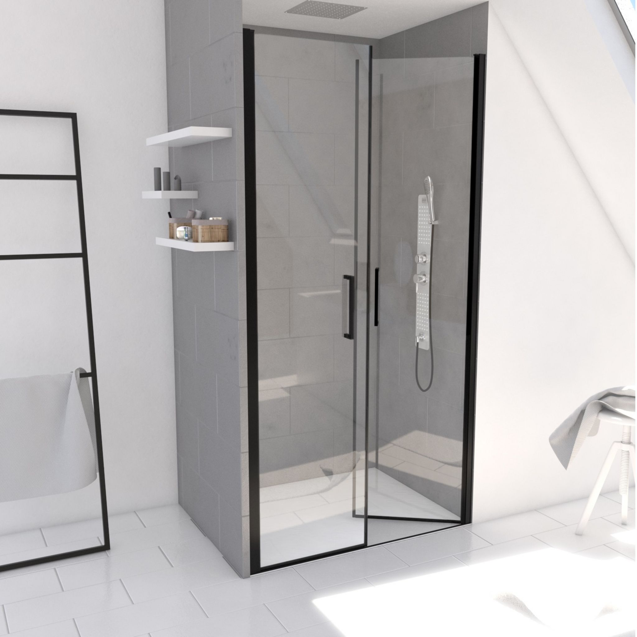 CABINE DE DOUCHE NOIRE MATE 70X70 AVEC PORTES BATTANTES SANS CADRE