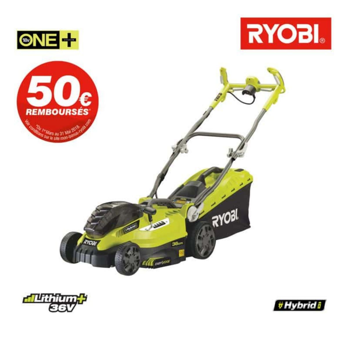 Ryobi Tondeuse hybride RYOBI 36V Power Fusion - 2 batteries Lithium  ...