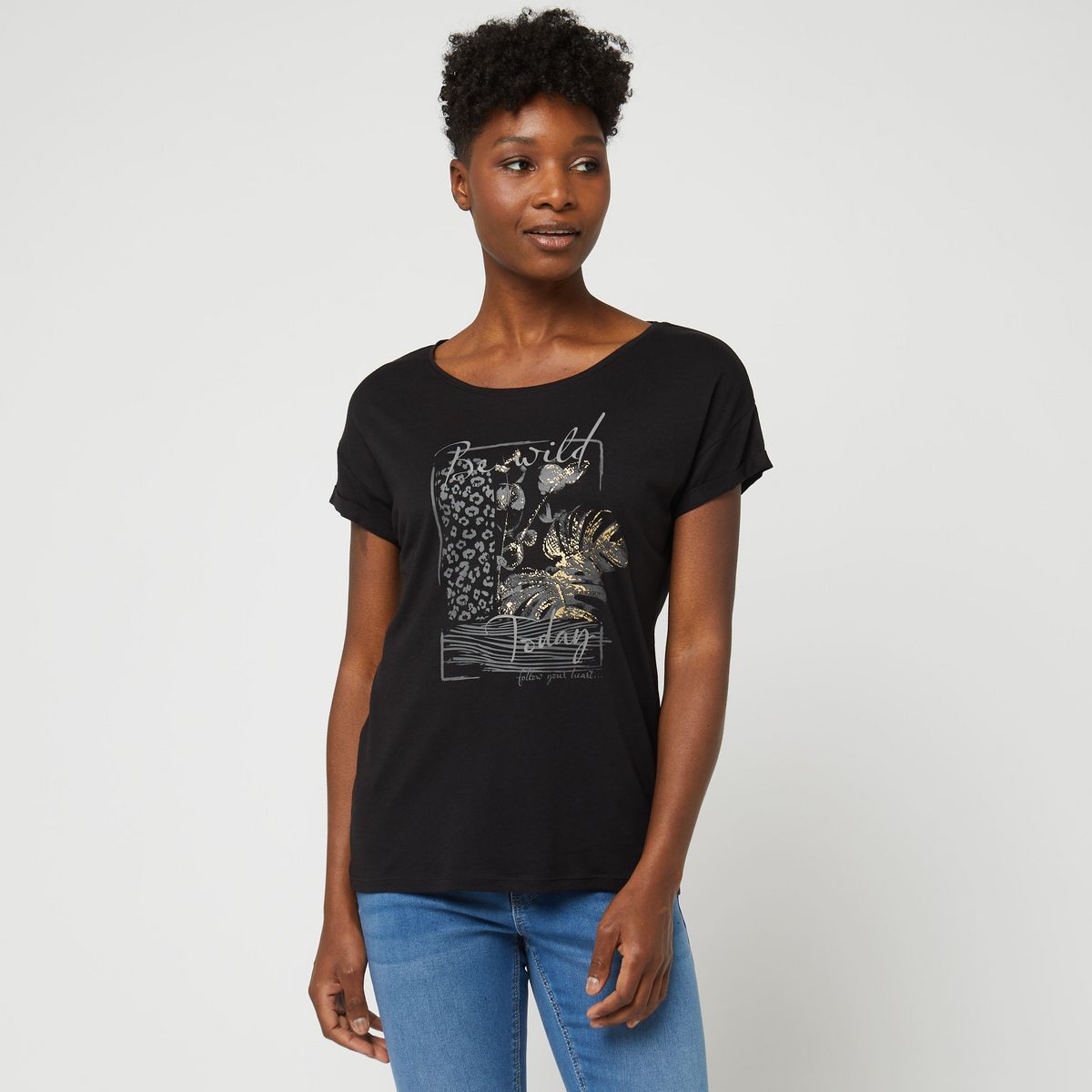 INEXTENSO T-shirt manche courte noir fantaisie femme