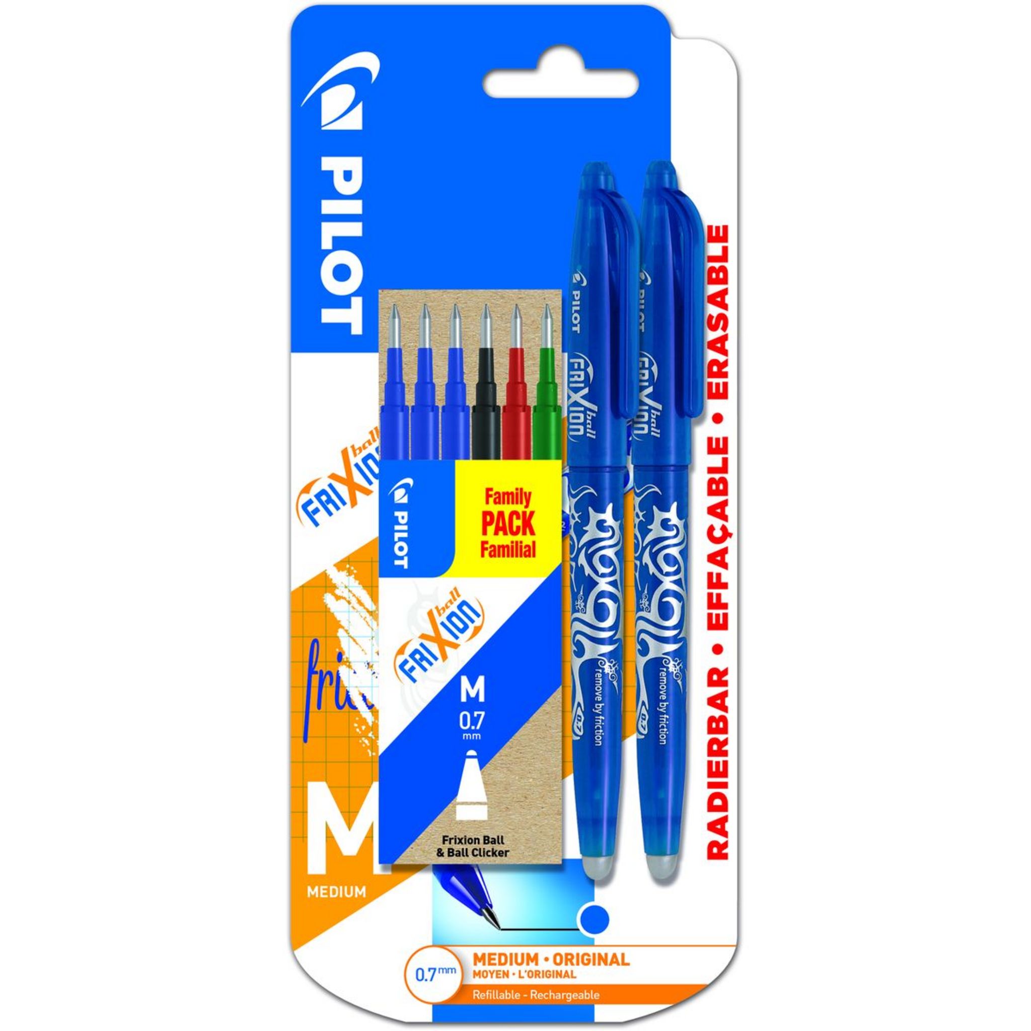 Pilot 2 stylos FriXion Ball 0.7 noir bleu recharges et gomme