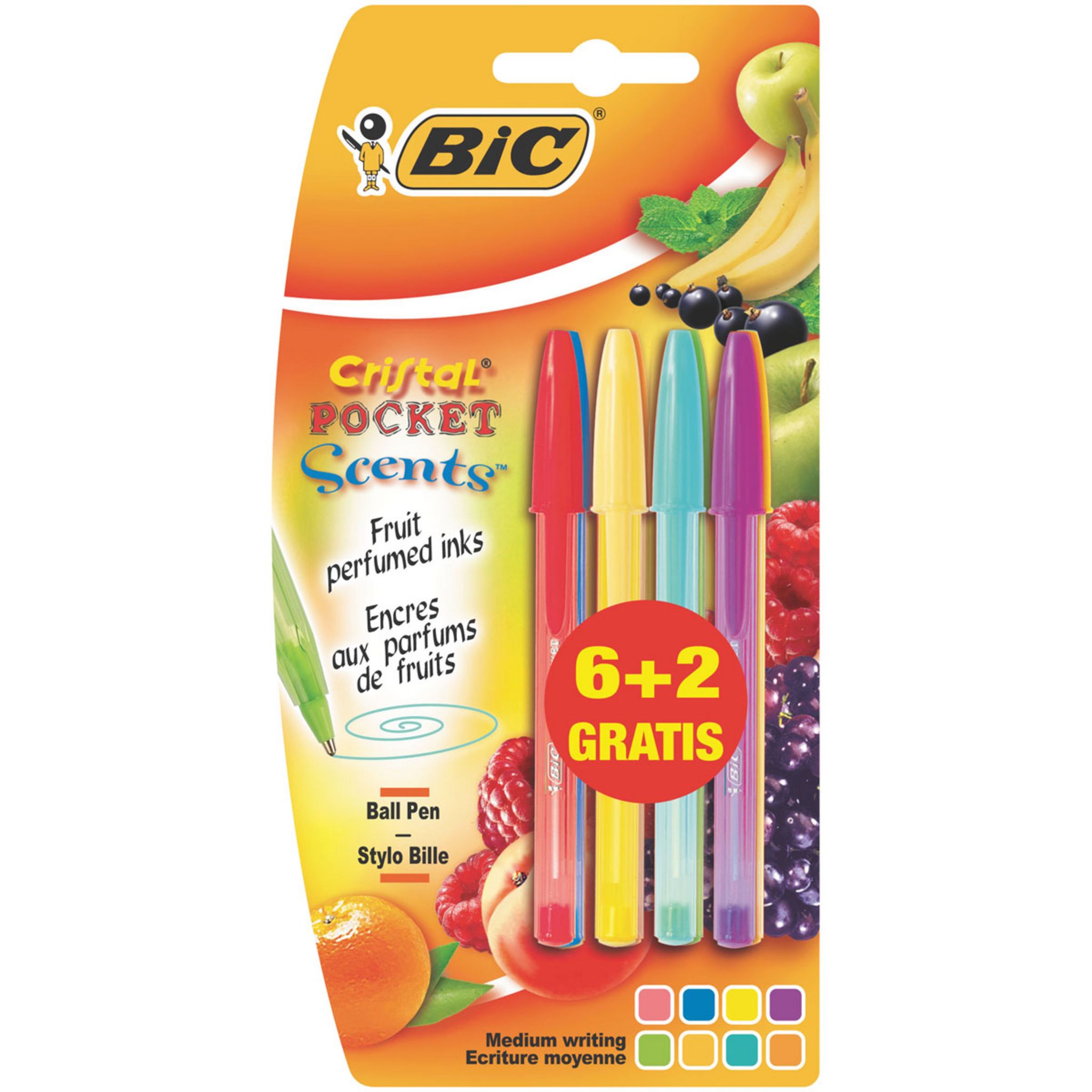 BIC Lot de 8 stylos bille Cristal Pocket Scents pointe moyenne -  assortiment fantaisie pas cher 