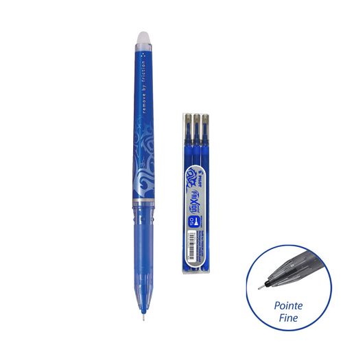 Lot 1 stylo roller effaçable pointe fine bleu FriXion Point + 3 recharges effaçables bleu FriXion Po