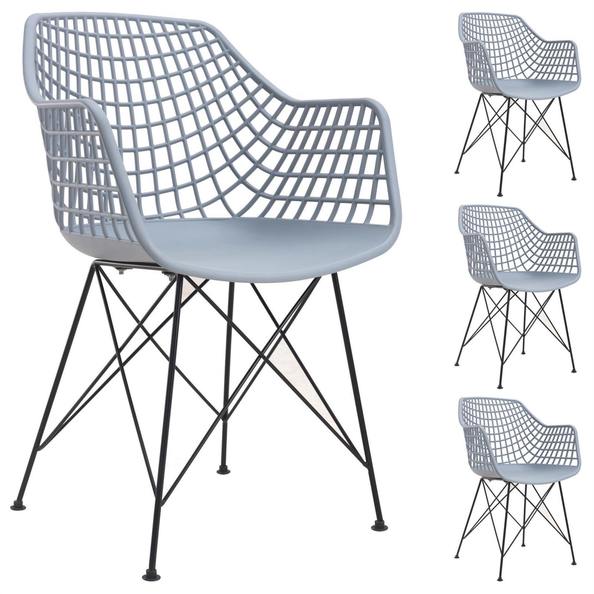 Lot de 4 chaises LUCIA pour salle à manger ou cuisine au design retro avec  accoudoirs, coque en plastique gris et 4 pieds en métal IDIMEX Pas Cher 