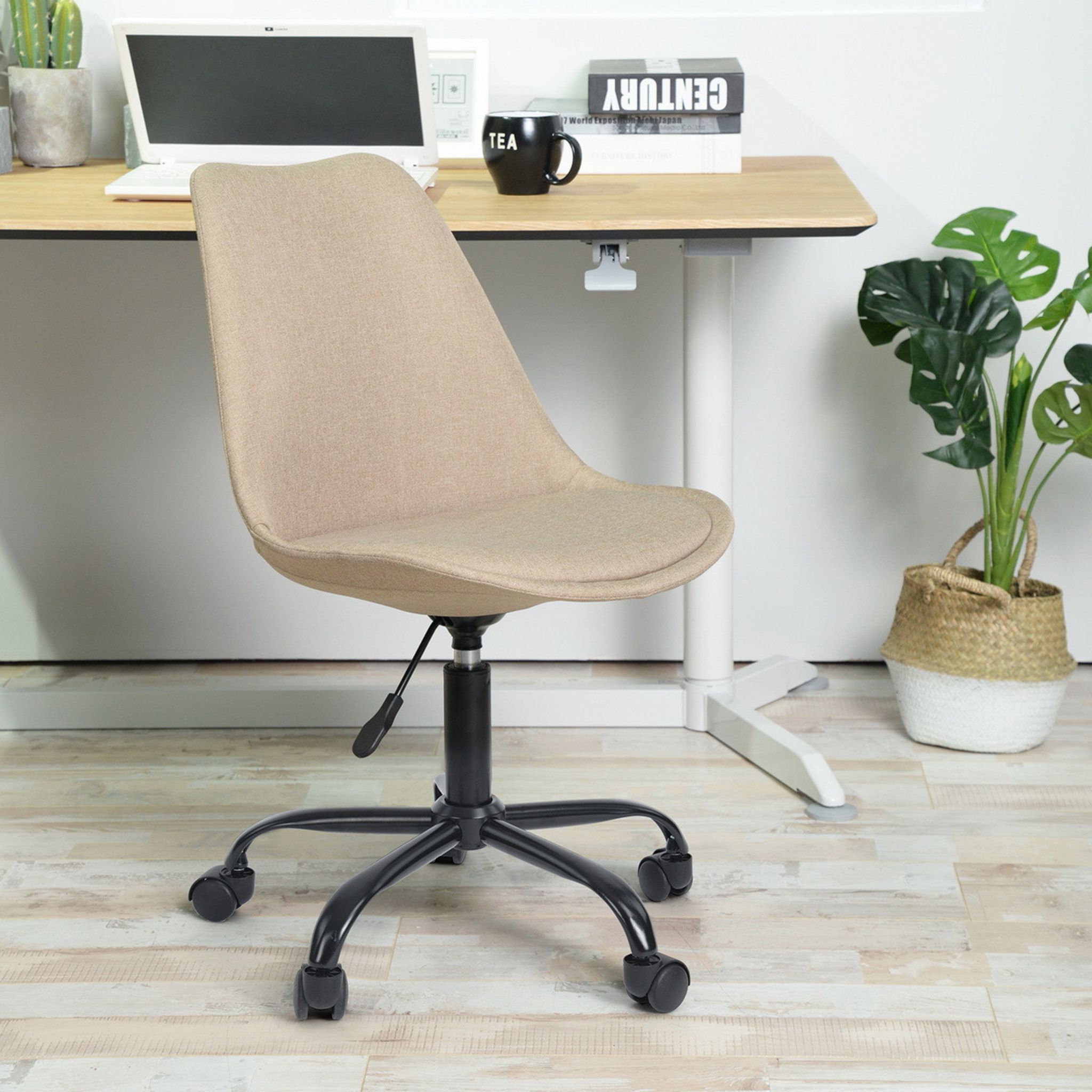 Chaise d'ordinateur de bureau en tissu Beige blanc, avec accoudoir  rabattable, avec roulettes, inclinaison réglable vers l'arrière