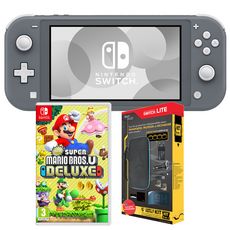 EXCLU WEB Console Nintendo Switch Lite Grise + New Super Mario Bros U Deluxe + Pack Accessoire Exclusif Auchan