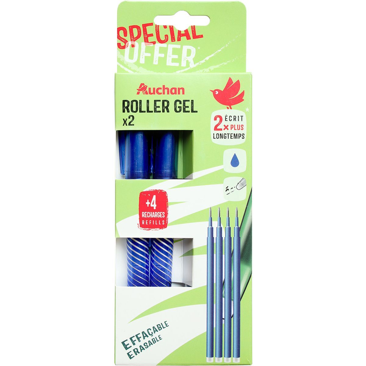 AUCHAN Lot de 2 stylos roller gel effaçables bleu + 4 recharges