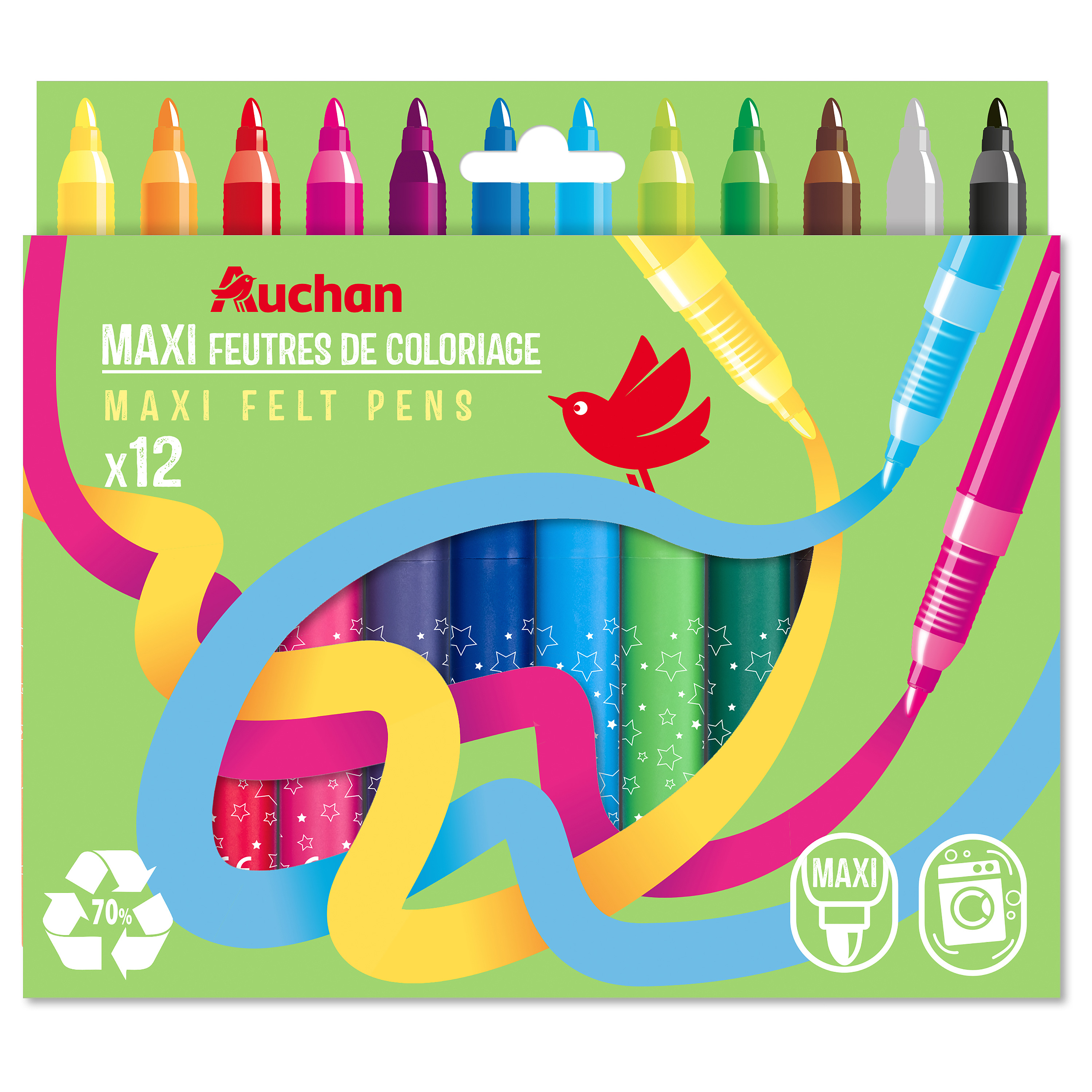 AUCHAN Etui de 12 feutres de coloriage pointe large recyclés pas cher 